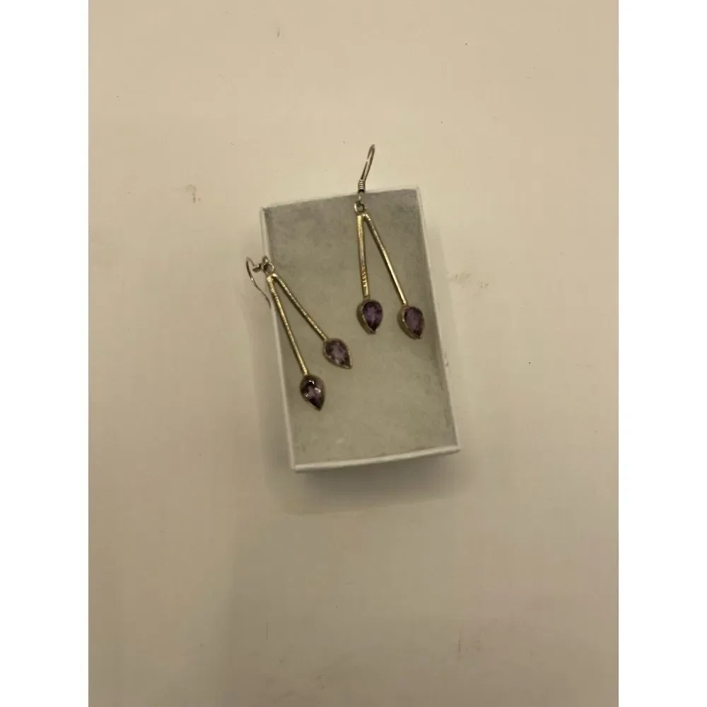 NWOT Amethyst‎ Silver Double Stone Drop Earrings